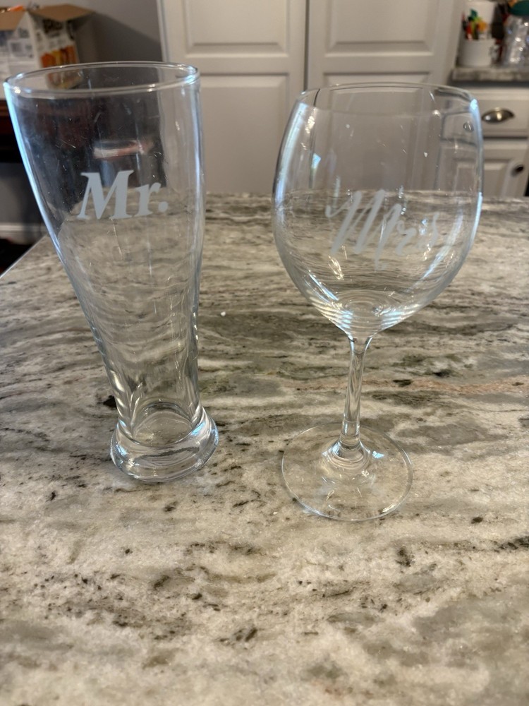 Etched Beer and Wine Glass Set Wedding Drinkware Two-Piece Clear Glass