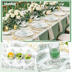 100 Pcs Floral Napkins, Green and White Toile Napkin Wedding Sage Green