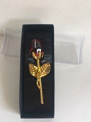 Gold Stem Red Rose in a box Wedding Favor Gold Tone Red Crystal 3.5” Length