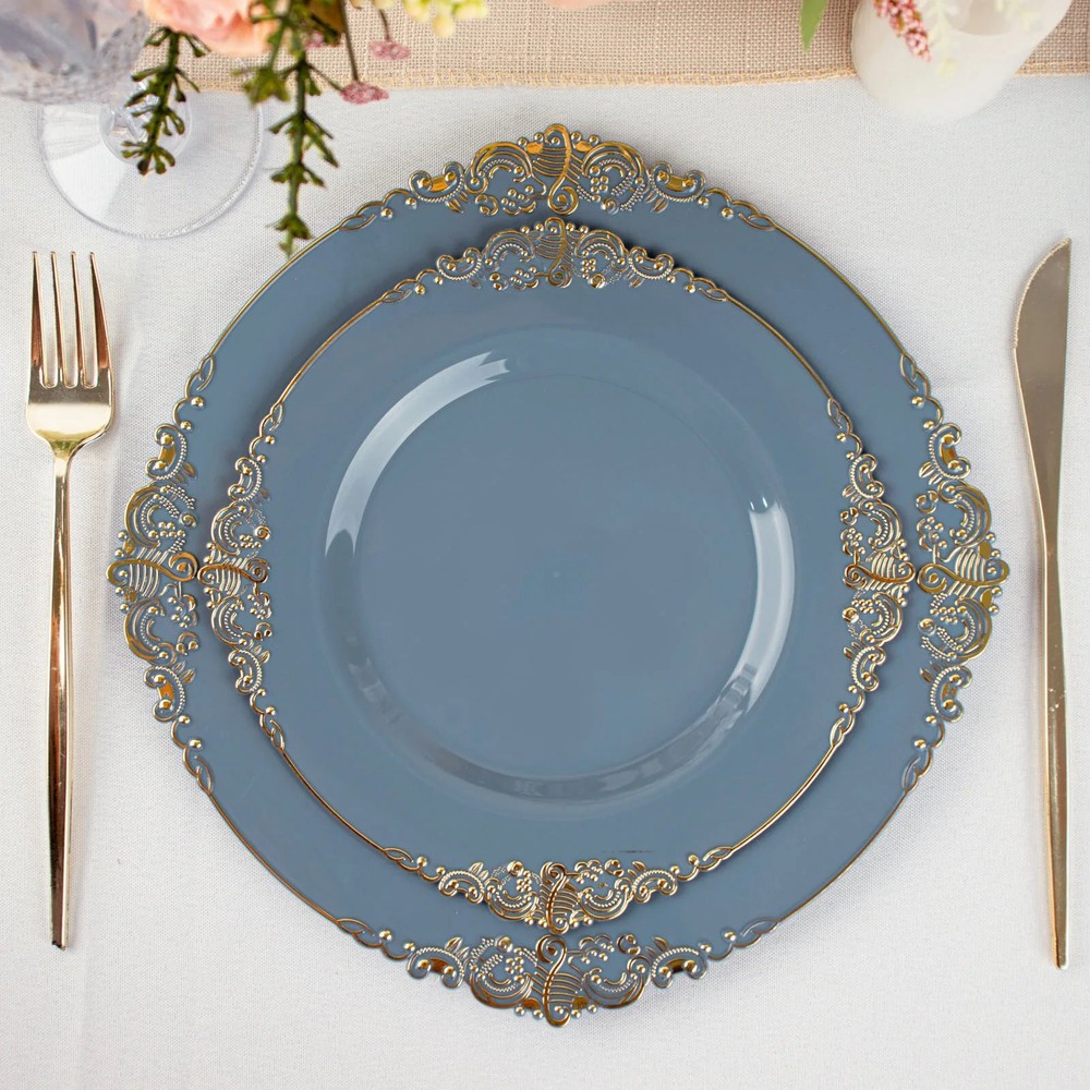 10 DUSTY BLUE GOLD 8″ Round Plastic Salad Dinner PLATES Embossed Baroque Rim