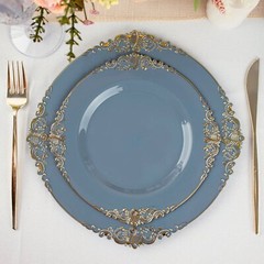 10 DUSTY BLUE GOLD 8″ Round Plastic Salad Dinner PLATES Embossed Baroque Rim