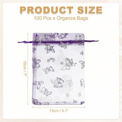 Organza Bag, 100 Pcs 5.1 x 7 Inch Butterfly Mesh Candy Pouch, Dark Purple Silver