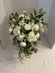 Wedding Bridal Bouquet Hand held White Silk Flowers Peonies Cascading NEW