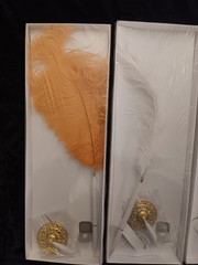 3 New Ballpoint Ostrich Feather Pen Plume Purple Orange White Gold Stand Wedding