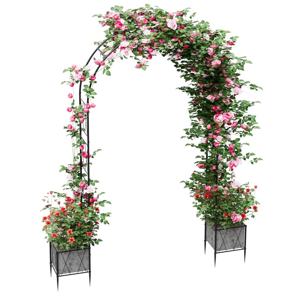 Garden Arch Arbor Trellis with Planter Boxes 8.2 Ft Metal Black