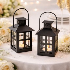 Mini Lantern Tea Light Holder Black Metal Glass 7in x 3in Wedding Decor