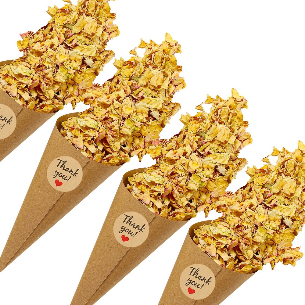 30Pcs Dried Flower Confetti Cone with Rose Petal & Sticker Light Yellow/Pink