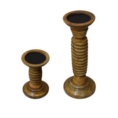 Handmade Wood Traditional Medium Polish Set Of Two Pillar Candle Holder BBH Home