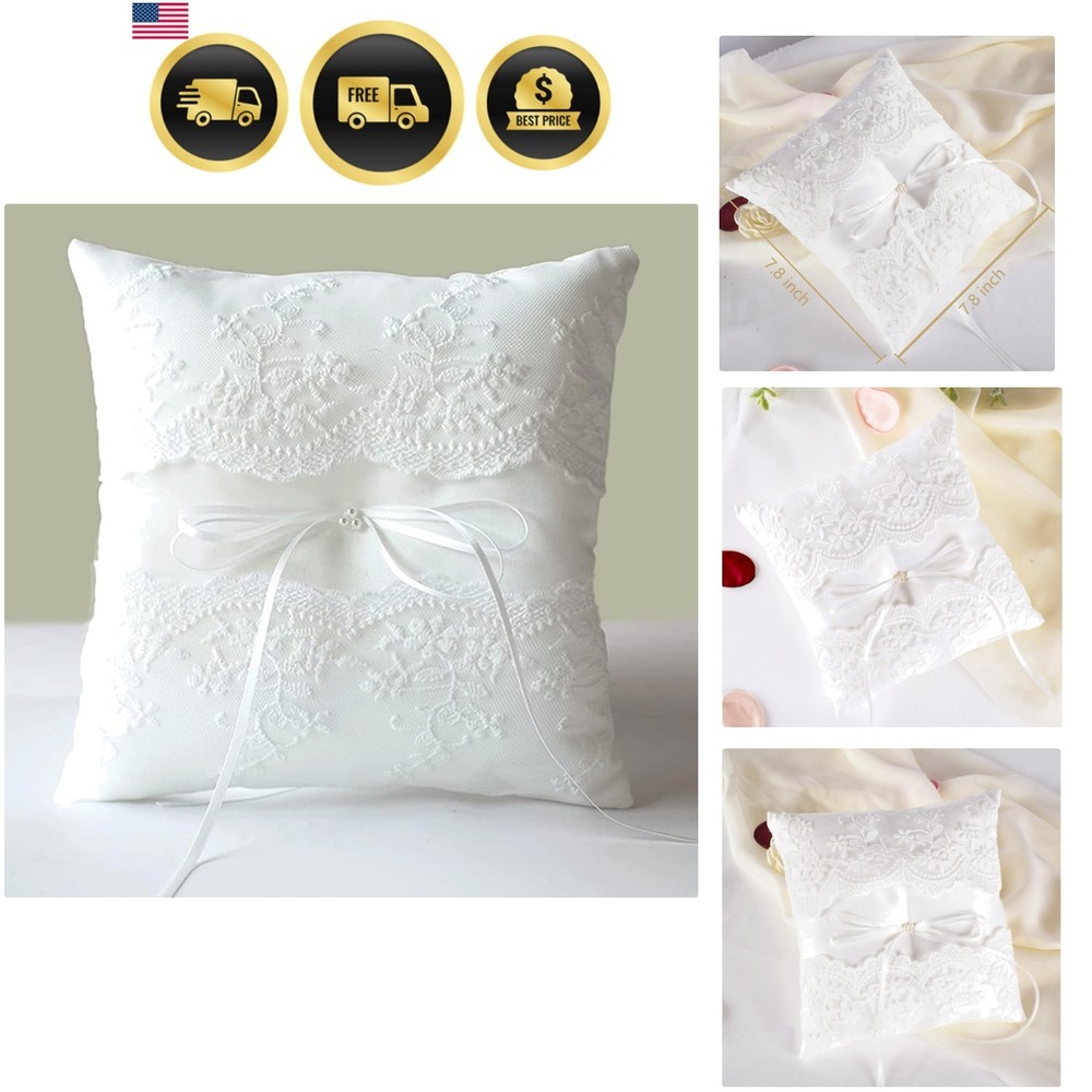 Wedding Ring Pillow, Lace Pearl Ivory Ring Bearer Cushion for Wedding Party |…