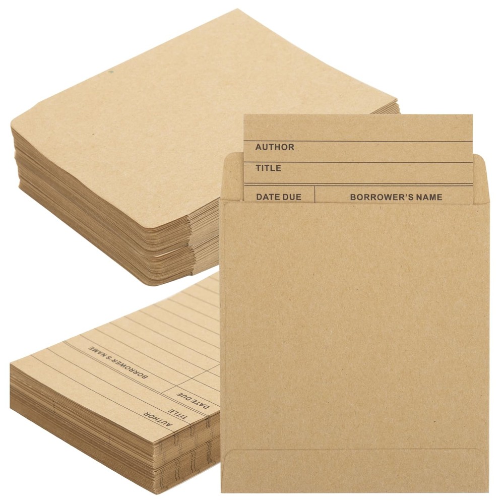 200Pcs Vintage Library Pockets and Cards, Brown 3.5 x 4.5 inches,