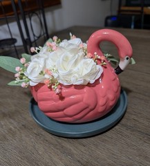 Wedding Centerpiece, Flamingo Table Decor with Bouquet of White Mini Roses