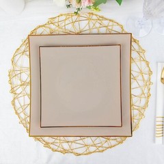 10 TAUPE 10″ Square Concave Plastic Salad Dinner PLATES Gold Rim Party Events