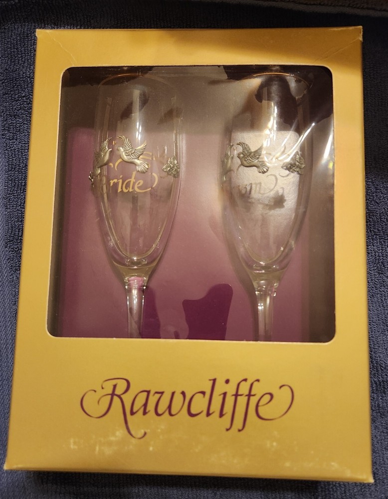Rawcliffe Bride & Groom Champagne Flutes Pewter Doves Flowers Ribbons Gold