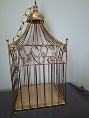 Gold Finish Metal Heart Bird Cage+Adj Hanging Chain Wedding Card Holder Planter