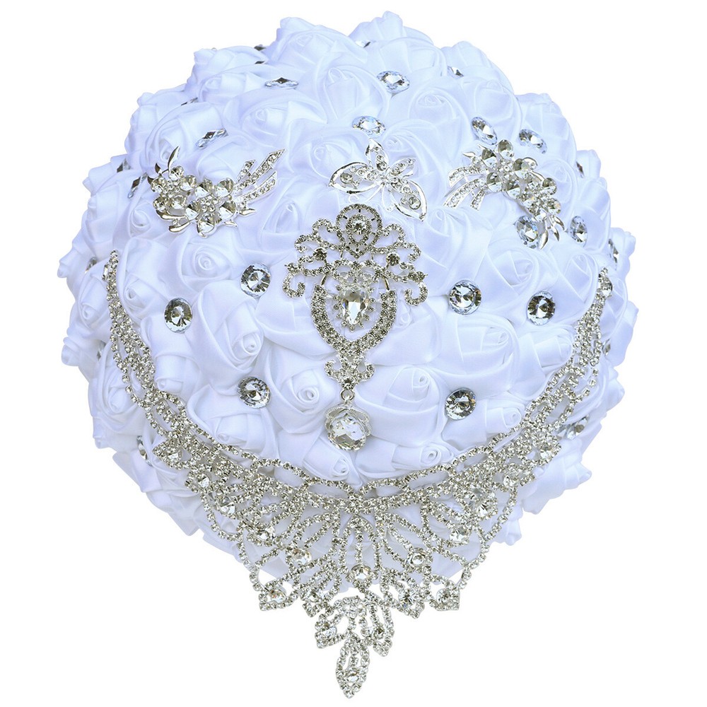 7″ Bouquet Luxury White Red Bride Wedding Ribbon Brooch Pearl Satin Rose Decor