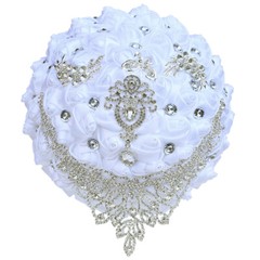 7″ Bouquet Luxury White Red Bride Wedding Ribbon Brooch Pearl Satin Rose Decor