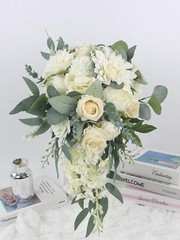Rinlong White Green Cascade Bouquet Wedding Bouquets for Bride Cascading Wedd…