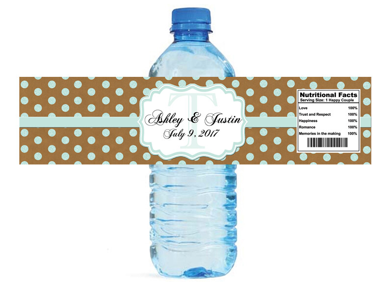 Kraft Paper & Mint Glitter Dots Wedding Anniversary Party Water Bottle Labels
