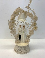 Vintage 1959 Bride Groom 9” Wedding Cake Topper Bell Arch Flowers