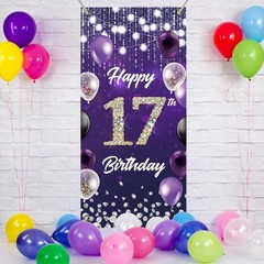Happy 17th Birthday Backdrop Banner Purple Theme Background with Shiny Diamon…