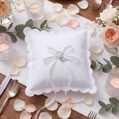 Wedding Ring Pillow 9 x 9 Inch White Scalloped Ring Bearer Pillows with Bow C…