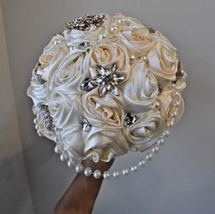 Handmade Satin Rose Ribbon Wedding Bouquet Artificial Bridal Pearls Beads Ivory