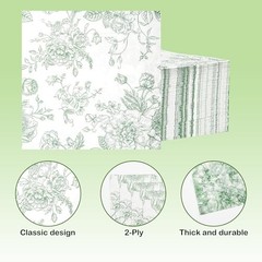 100 Floral Cocktail Napkins White Toile Disposable Paper Napkins 5 Sage Green