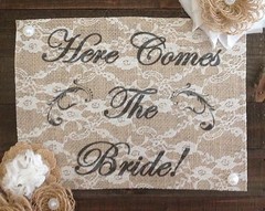 Primitive Barn Wood Burlap Panel Here Comes The Bride Flower Wedding Shabby Chic