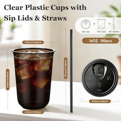 Set Clear Plastic Cups with Sip Lids & Straws, Disposable Round 16oz 100 Black