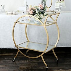 GOLD 2.5ft tall 2-Tier Round Metal Bar Cart Mirror Glass Serving Trays Party