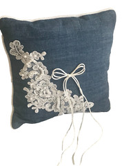 Western Wedding Blue Denim and White Lace Ring Pillow
