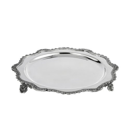 Silver-Plated Brass Decorative Tray with Ornate Border