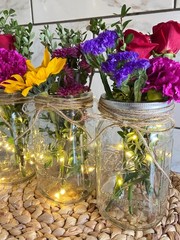 Lighted Mason Jar Vase with Fairy Lights, Rustic Floral Centerpiece