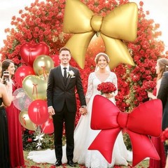 16Pcs Red and Gold Heart Balloons – 38″ Bow Balloons – Champagne Red Gold