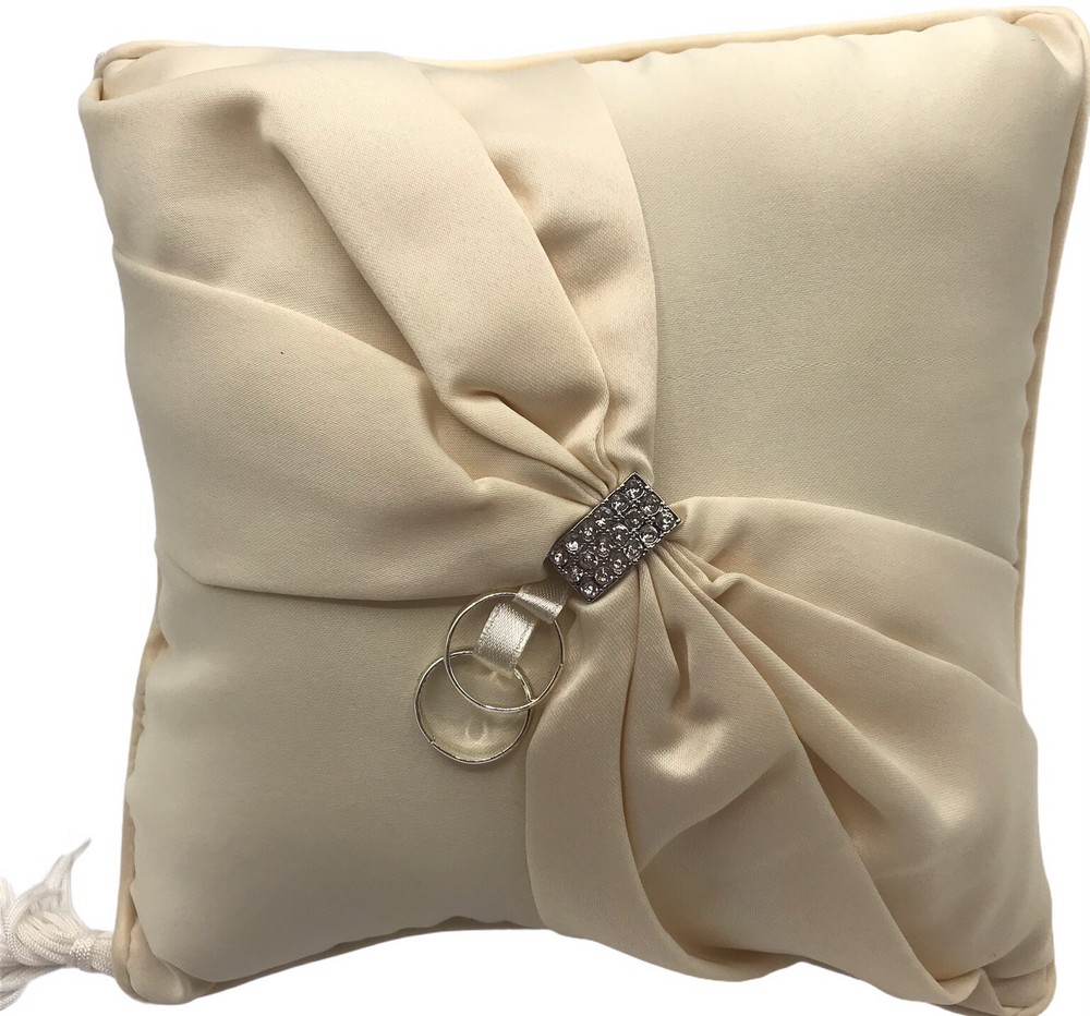 Lillian Rose Ring Pillow Ivory Sash Satin 8″ Square Silver Rhinestone Clasp