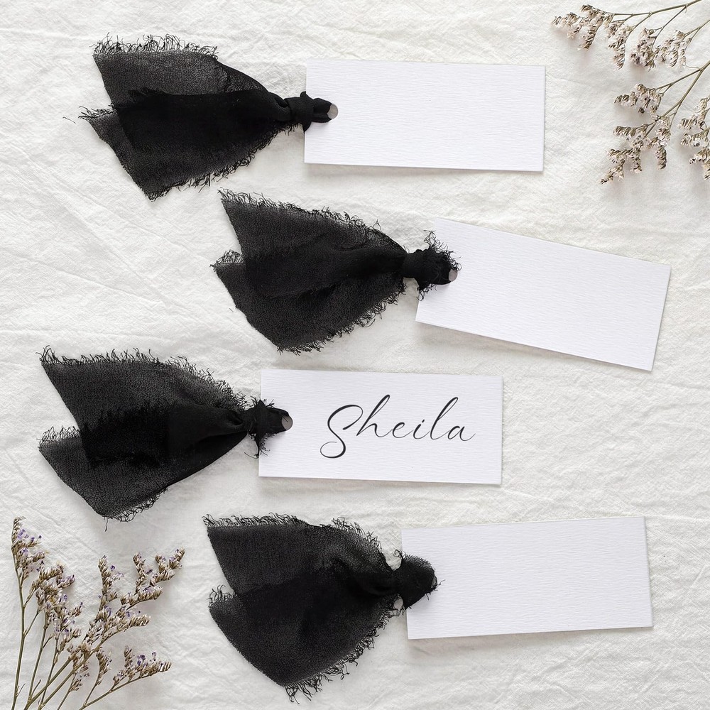 50 PCS Black Name Place Cards Table Setting Chiffon Ribbon 1.57×3.54 Inch