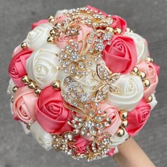 New Bridal Bouquet Exquisite Rhinestone Silk Rose and Pearl Handmade