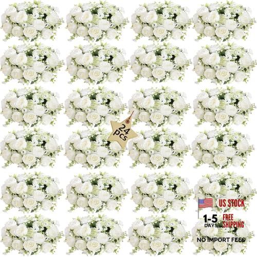White Artificial Flowers Bouquet – 24 Bundles – Lifelike Silk Peonies