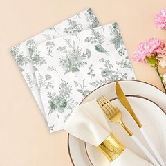 100Pcs Floral Beverage Napkins Sage Green White Disposable Paper Napkins