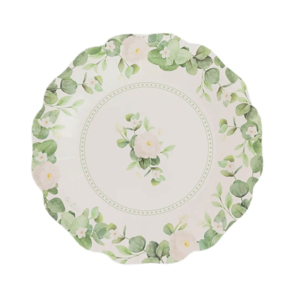 25 White Green Floral Greenery Dessert Paper Plates with Scalloped Edge