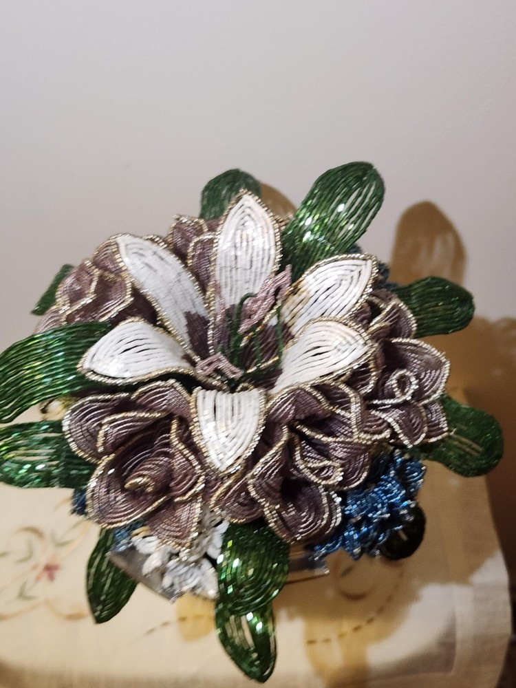 Beaded Flower Wedding Bridal Bouquet W/White Blue Purple Handmade Flowers