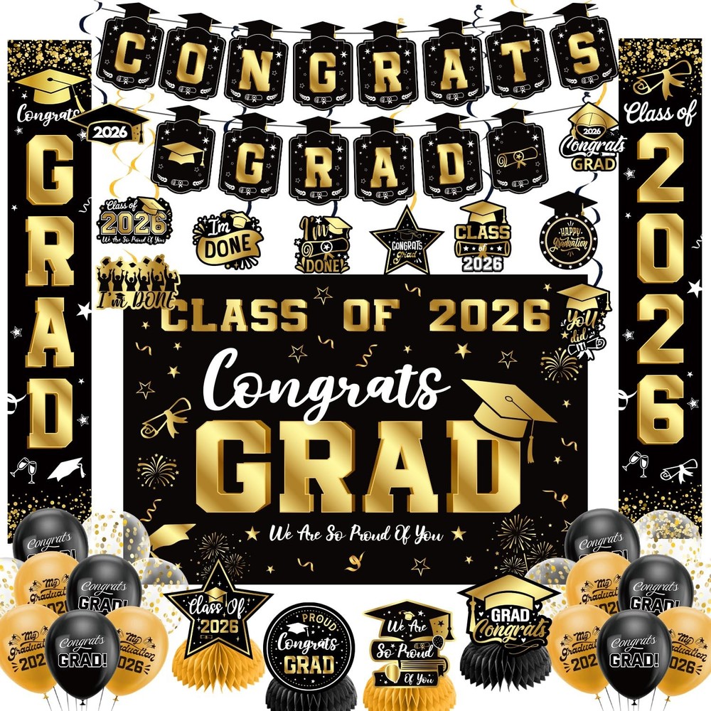 Graduation Decorations 2026 Set Black Gold, 60 inches x 40 inches, Gold