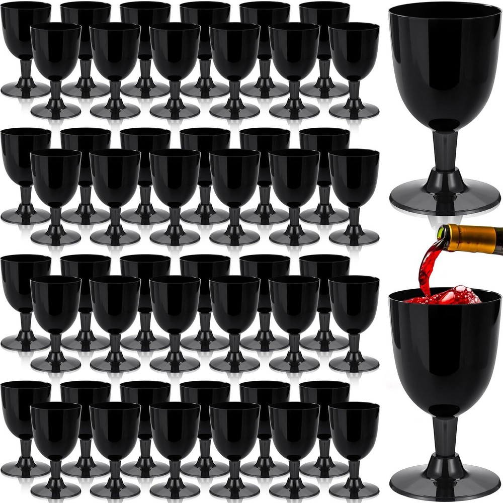 Mimorou 50 Pcs Black Plastic Wine Glasses, 5.4 oz Disposable Goblets with Ste…
