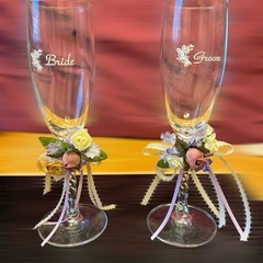 (3pc Set) VTG Y2K Wedding Couple Cake Topper+ Bride & Groom Flutes Porcelain