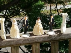 2 PAIRS VINTAGE 1947 WEDDING CAKE TOPPERS BRIDE / GROOM COAST NOVELTY CHALKWARE