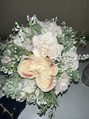 Bridal Bouquet White Roses Peonies Baby Breath + wrist Corsage Baby White Roses
