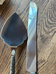Vintage NIB Bombay Christmas Toy themed Cake Knife & Server w/pewter handles