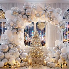 Disco Party Balloon Garland Arch Kit 134 Pcs Metallic Silver Matte White Conf…
