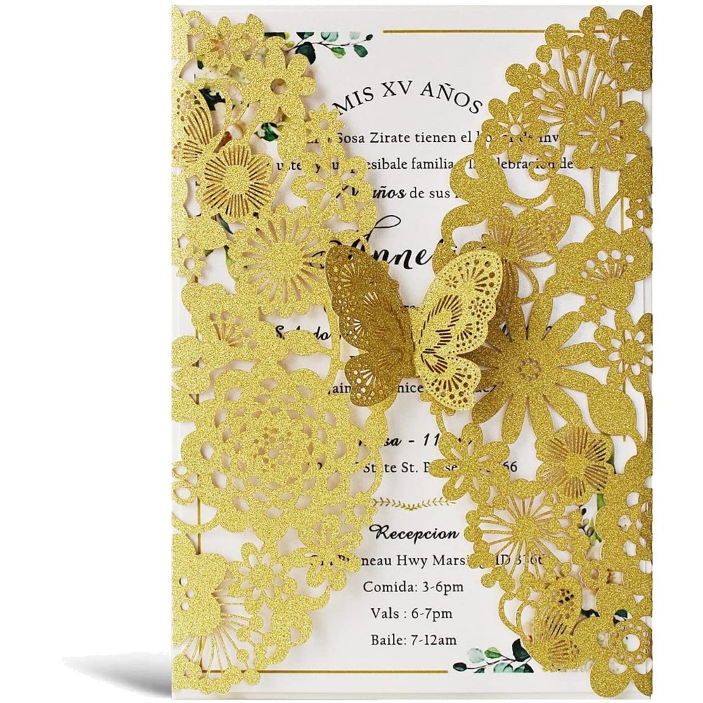 Elegant Gold Glitter Butterfly Wedding Invite Set – 50 Count
