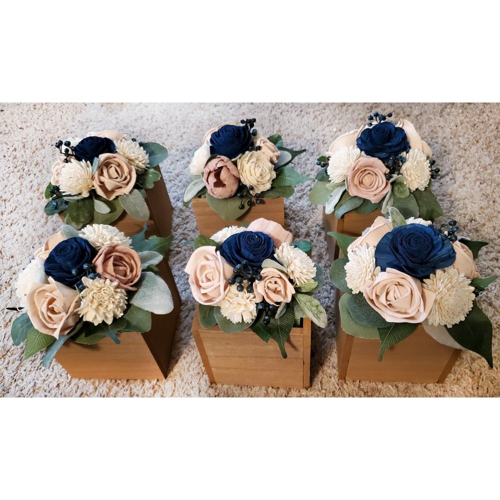 6PC Pink Navy Blue & White Sola Wood Flower Wedding Centerpieces Decor